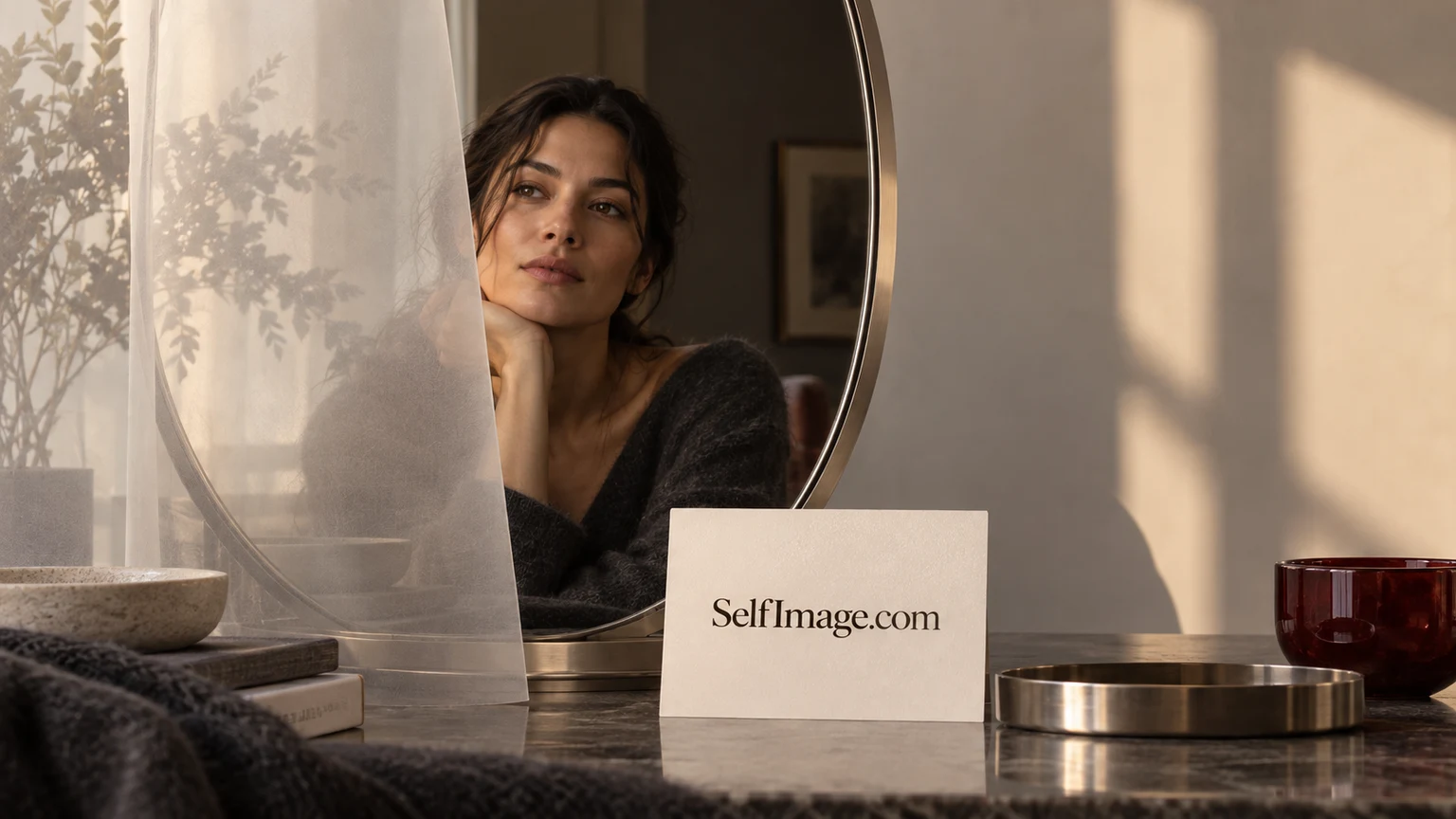 An editorial mirror portrait with SelfImage.com printed on a pearl card